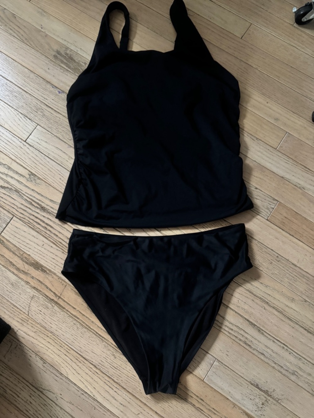 1X Black Tankini Set Ruched Tummy Control Top High Cut Slimming Bottoms 2PC